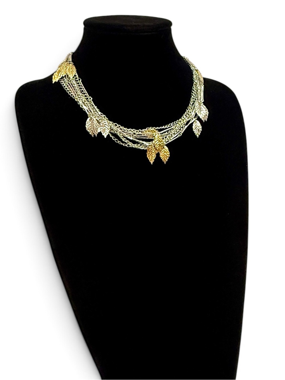 Mixed Metal Multi-Chain Leaf Charm Collar Necklace NWT